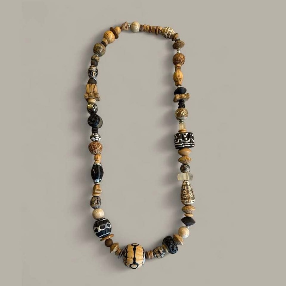 Statement Boho Chic Mixed Media‎ Wood and Cork Beaded Elastic 13 Inch Necklace